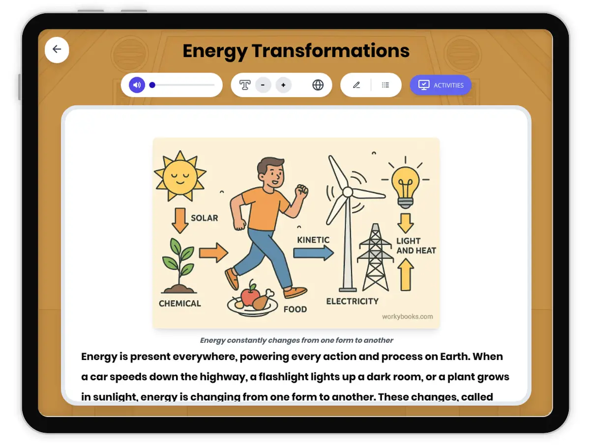 Interactive — Reading Comprehension preview: Energy Transformations covering MS-PS3-1, MS-PS3-2, MS-PS3-5 standards - Page 1 of 1