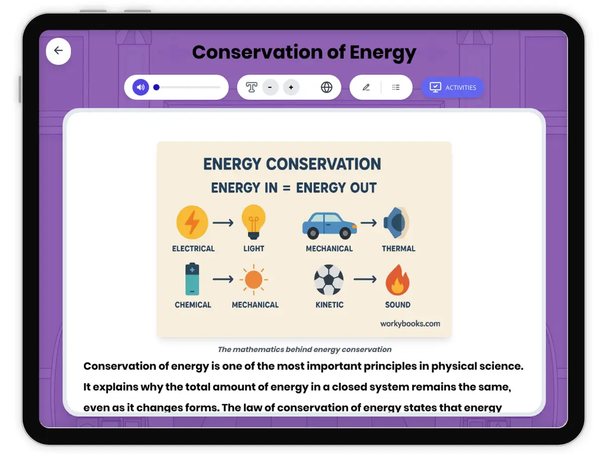 Interactive — Reading Comprehension preview: Conservation of Energy covering MS-PS3-1, MS-PS3-2, MS-PS3-5 standards - Page 1 of 1