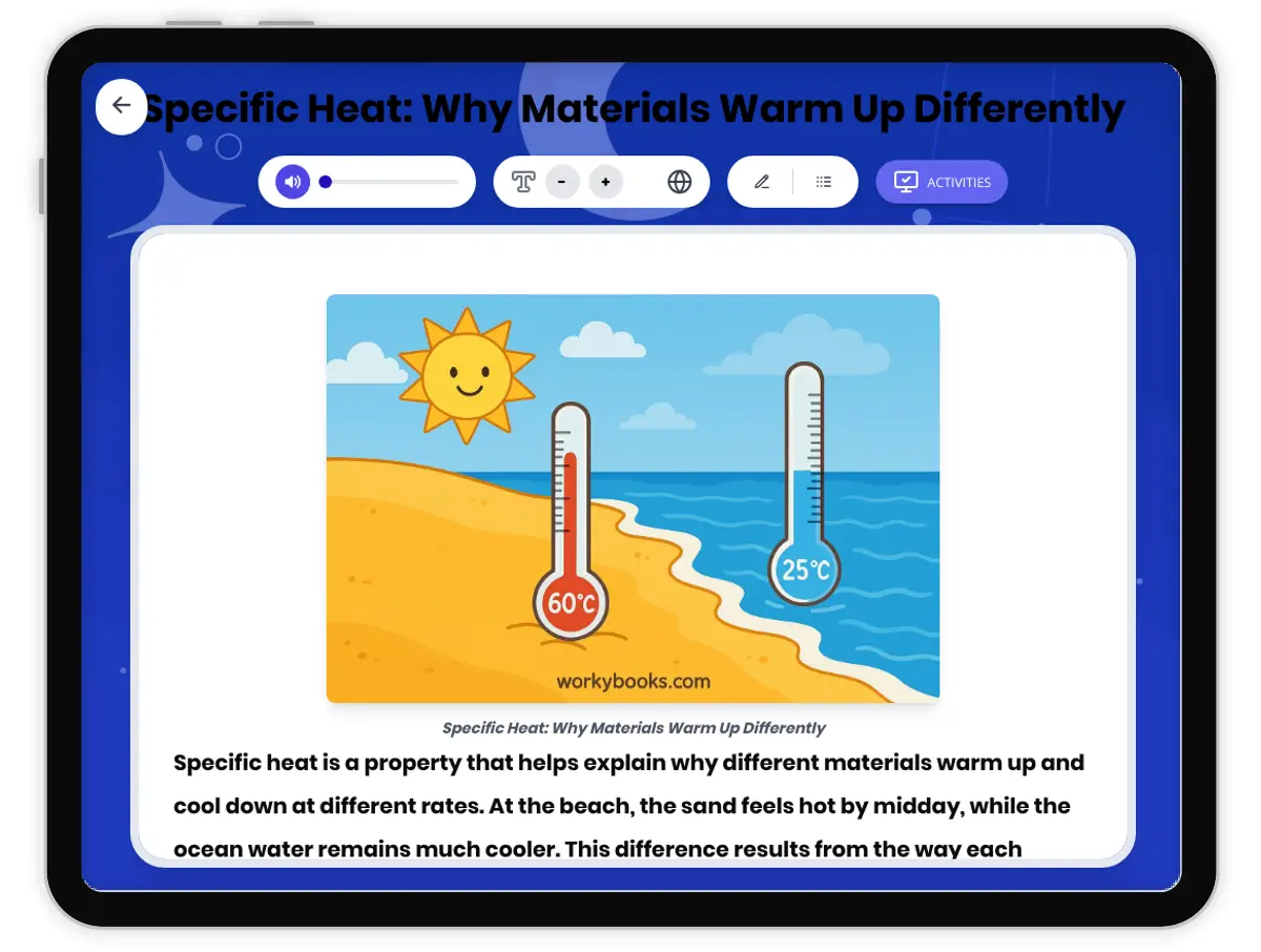 Interactive — Reading Comprehension preview: Specific Heat covering MS-PS3-4 standards - Page 1 of 1