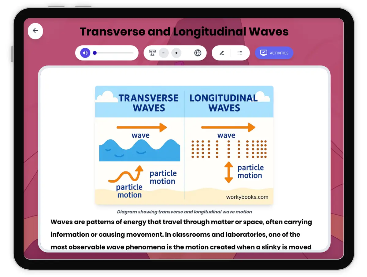 Interactive — Reading Comprehension preview: Transverse and Longitudinal Waves covering MS-PS4-1 standards - Page 1 of 1