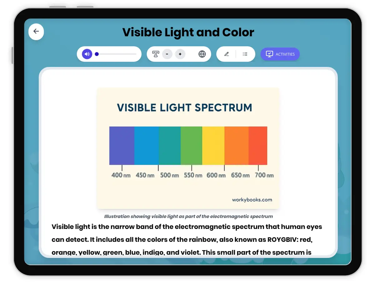 Interactive — Reading Comprehension preview: Visible Light and Color covering MS-PS4-2 standards - Page 1 of 1