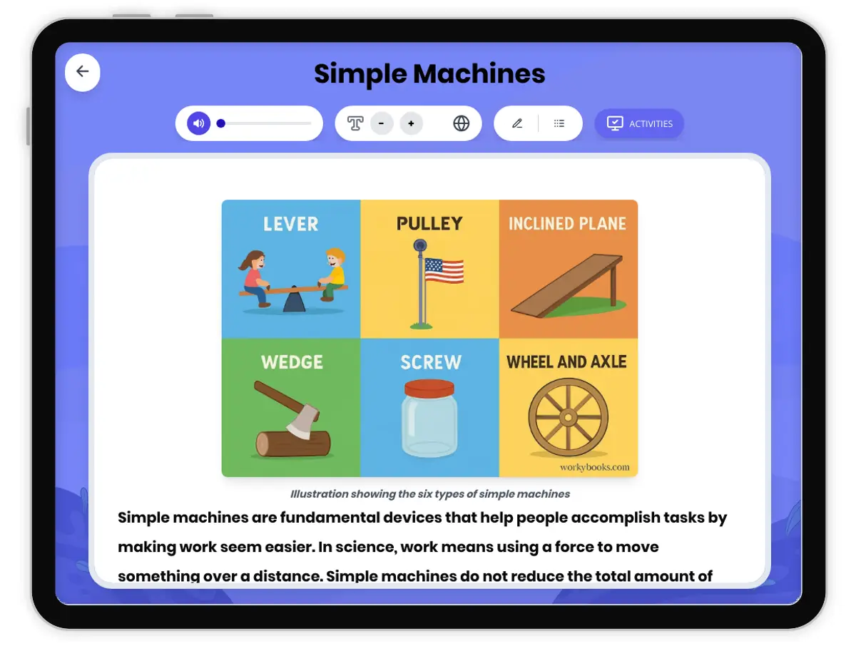 Interactive — Reading Comprehension preview: Simple Machines covering MS-PS3-1, MS-PS3-2 standards - Page 1 of 1