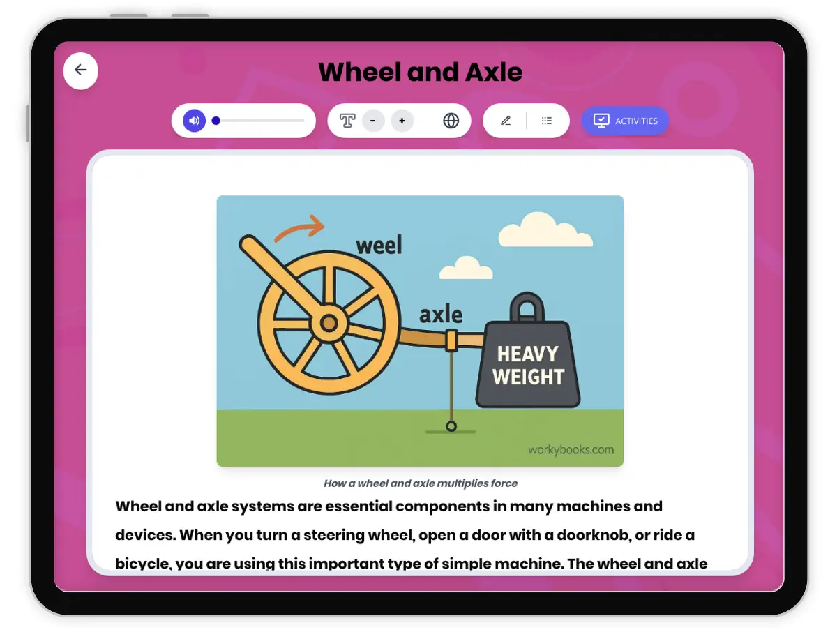 Interactive — Reading Comprehension preview: Wheel and Axle covering MS-PS3-1, MS-PS3-2 standards - Page 1 of 1