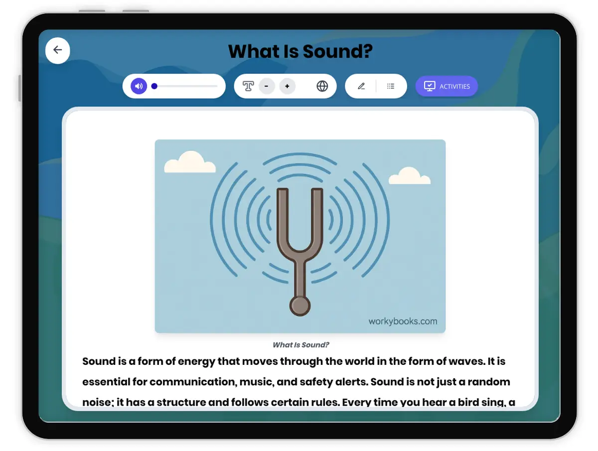 Interactive — Reading Comprehension preview: What Is Sound? covering MS-PS4-1, MS-PS4-2 standards - Page 1 of 1