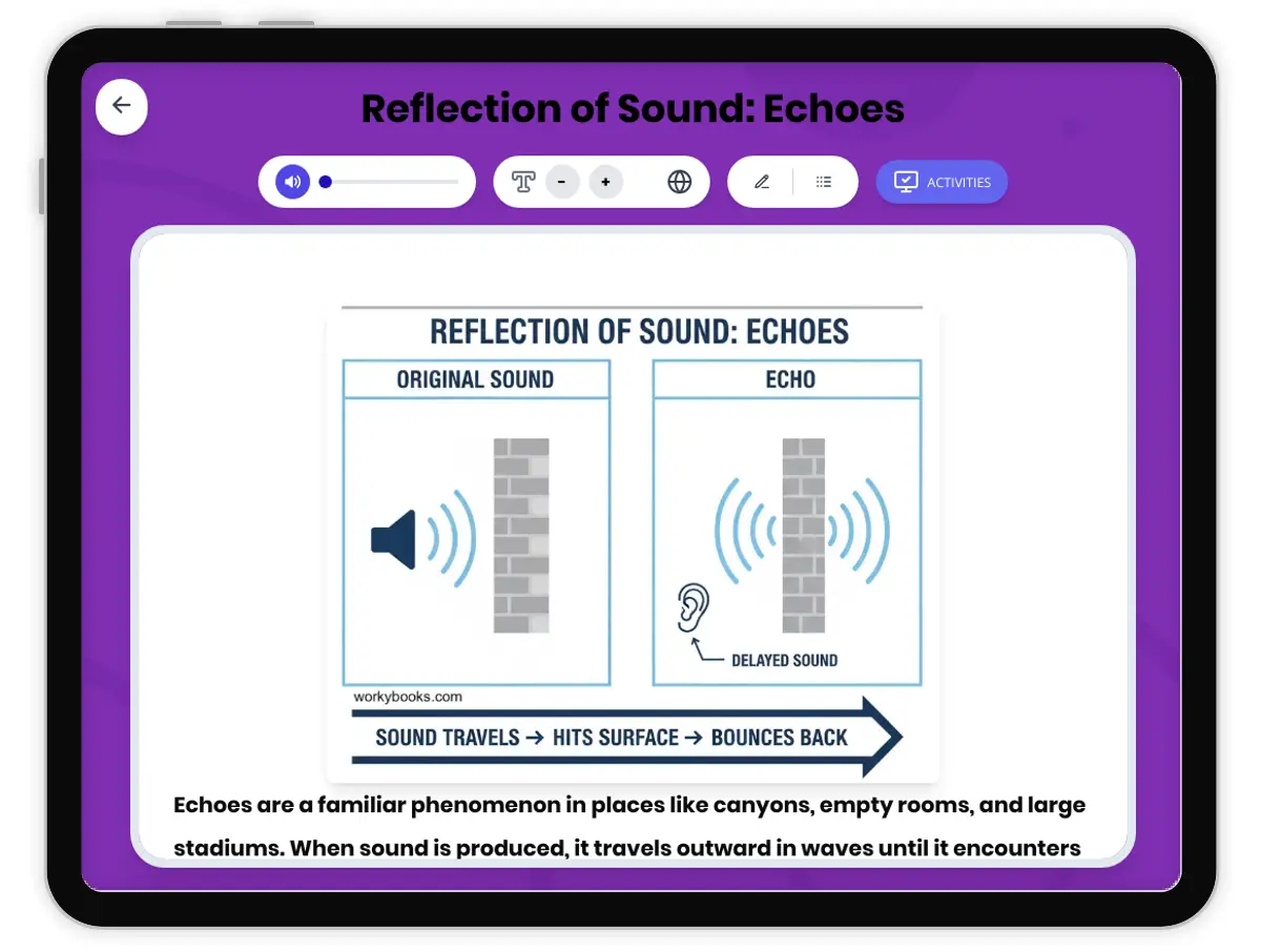 Interactive — Reading Comprehension preview: Reflection of Sound: Echoes covering MS-PS4-2 standards - Page 1 of 1