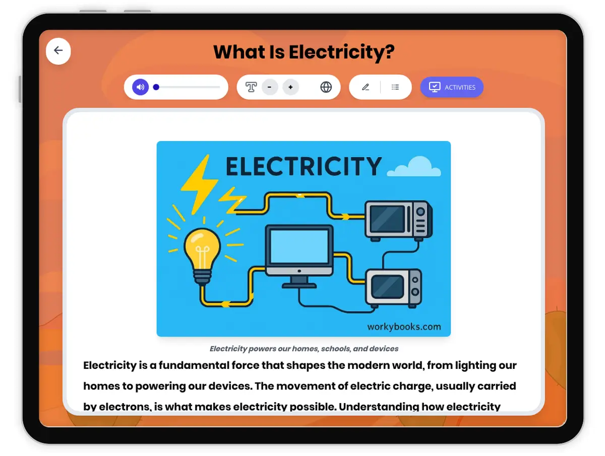Interactive — Reading Comprehension preview: What Is Electricity? covering MS-PS2-3 standards - Page 1 of 1