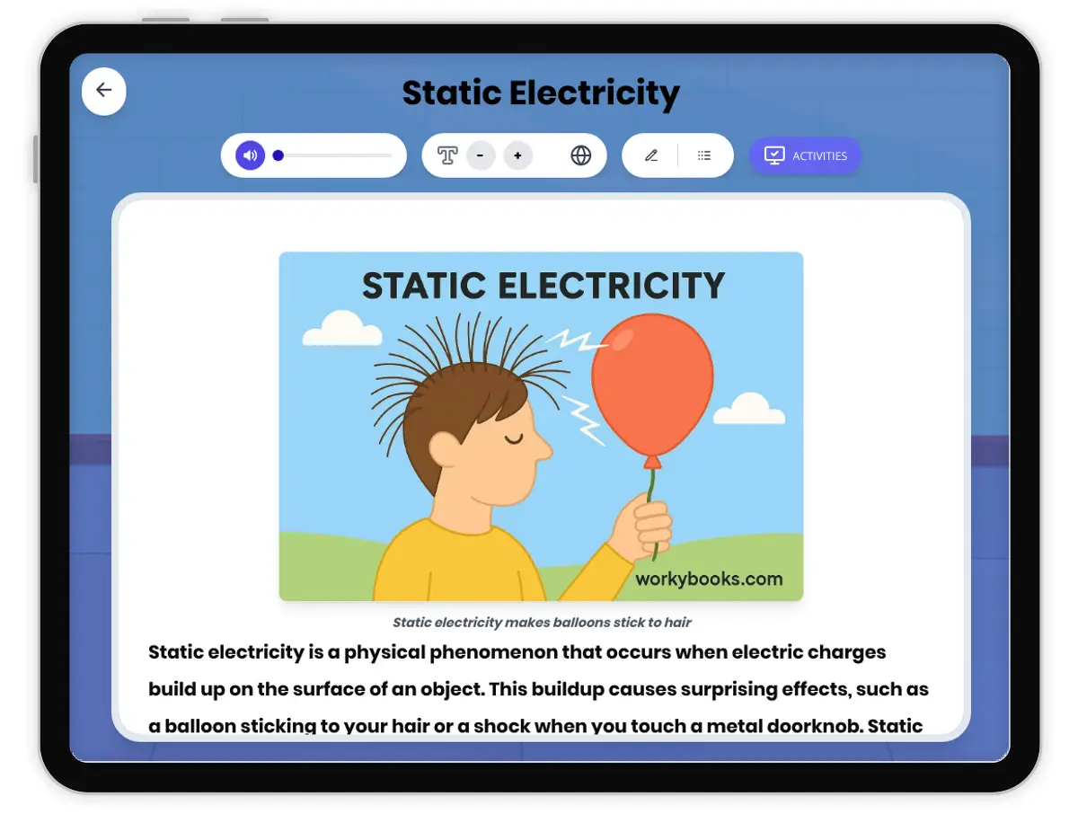 Interactive — Reading Comprehension preview: Static Electricity covering MS-PS2-3, MS-PS2-5 standards - Page 1 of 1