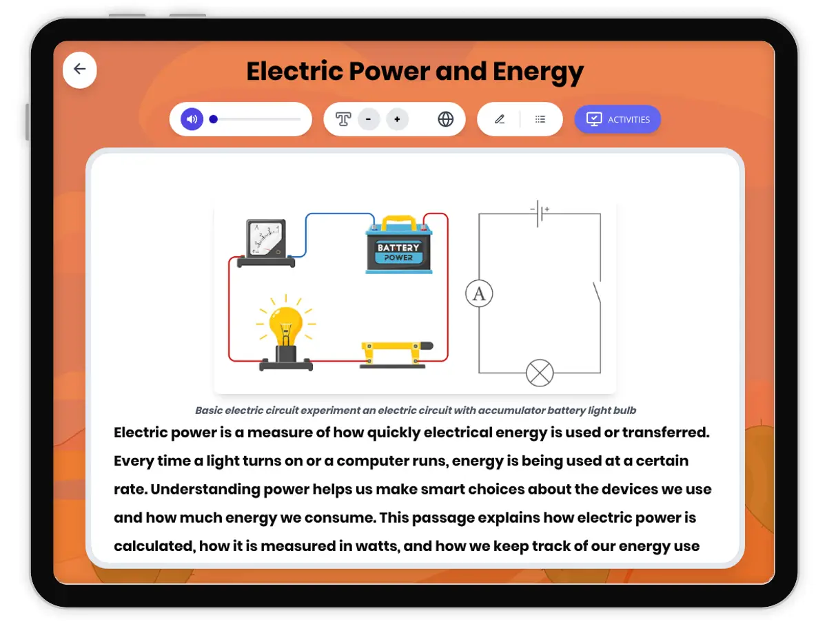 Interactive — Reading Comprehension preview: Electric Power and Energy covering MS-PS3-1 standards - Page 1 of 1