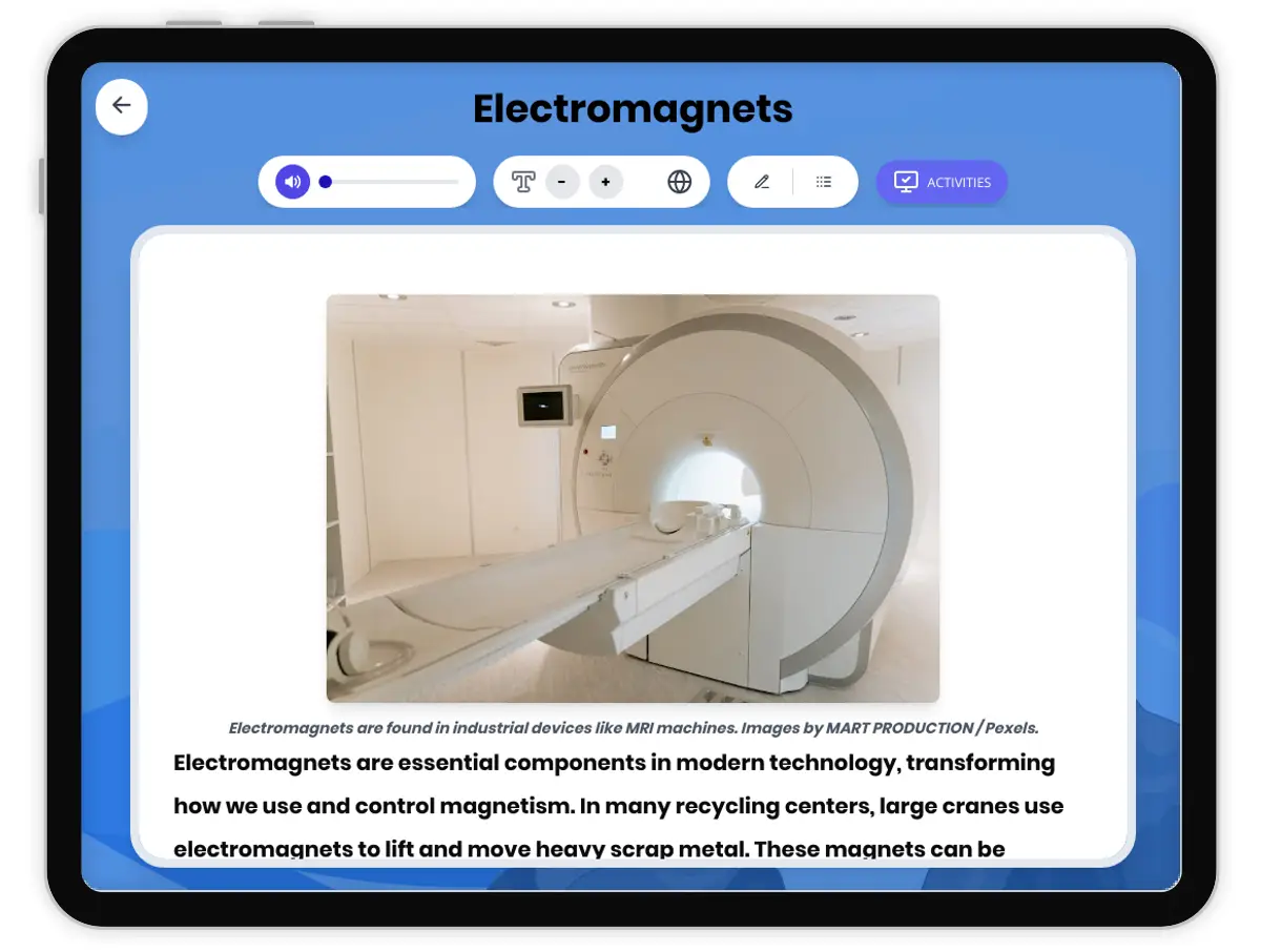 Interactive — Reading Comprehension preview: Electromagnets covering MS-PS2-3 standards - Page 1 of 1