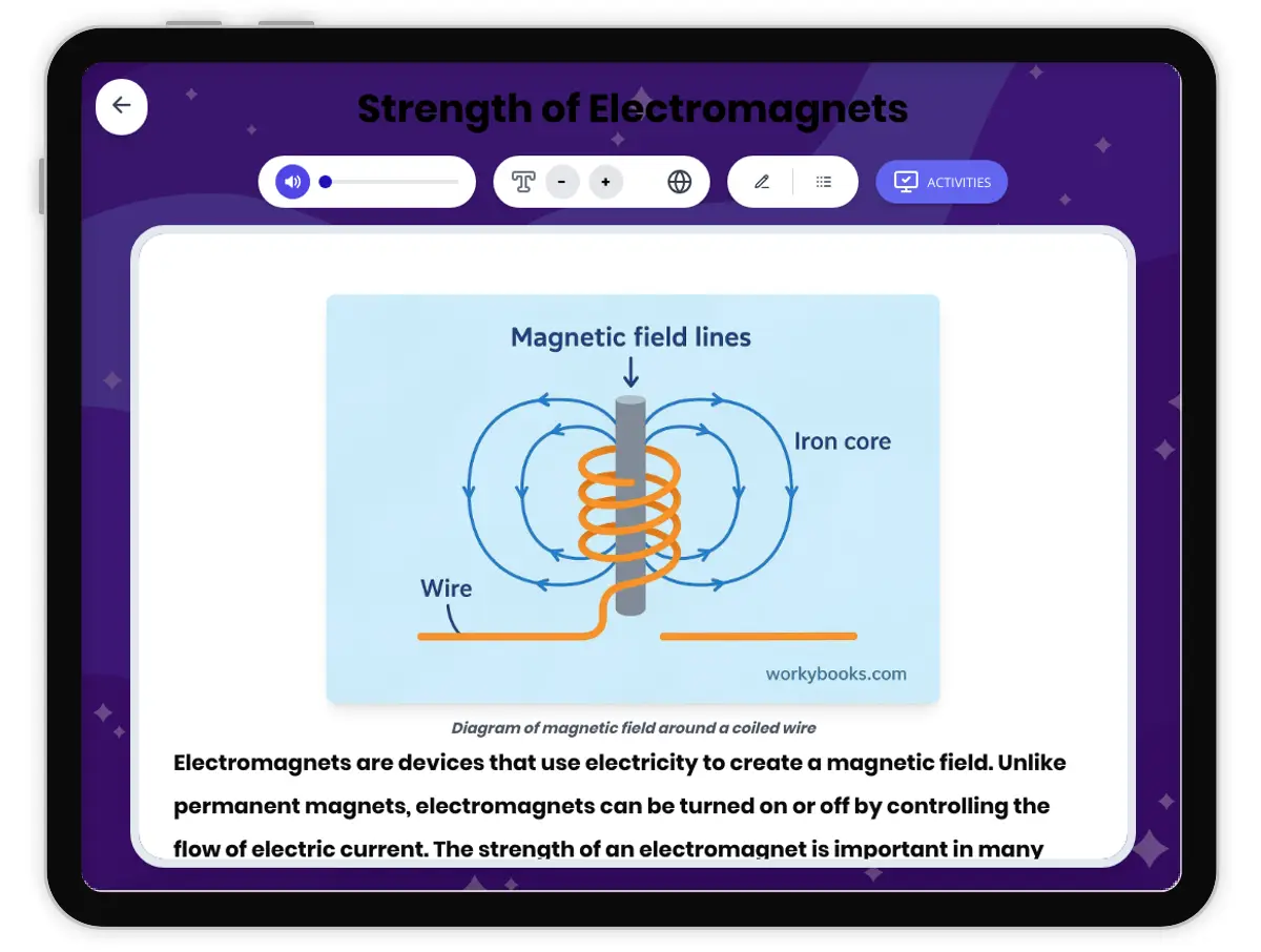 Interactive — Reading Comprehension preview: Strength of Electromagnets covering MS-PS2-3 standards - Page 1 of 1