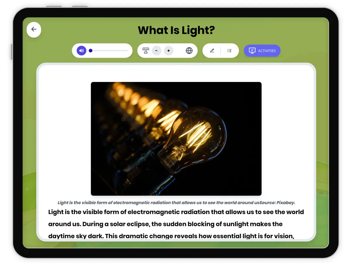 Interactive — Reading Comprehension preview: What Is Light? covering MS-PS4-2 standards - Page 1 of 1