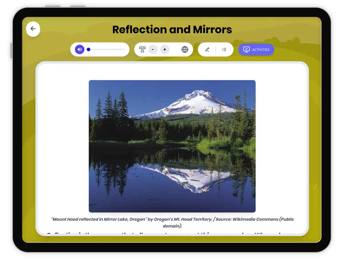 Interactive — Reading Comprehension preview: Reflection and Mirrors covering MS-PS4-2 standards - Page 1 of 1