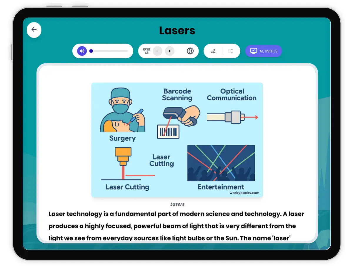 Interactive — Reading Comprehension preview: Lasers covering MS-PS4-2 standards - Page 1 of 1