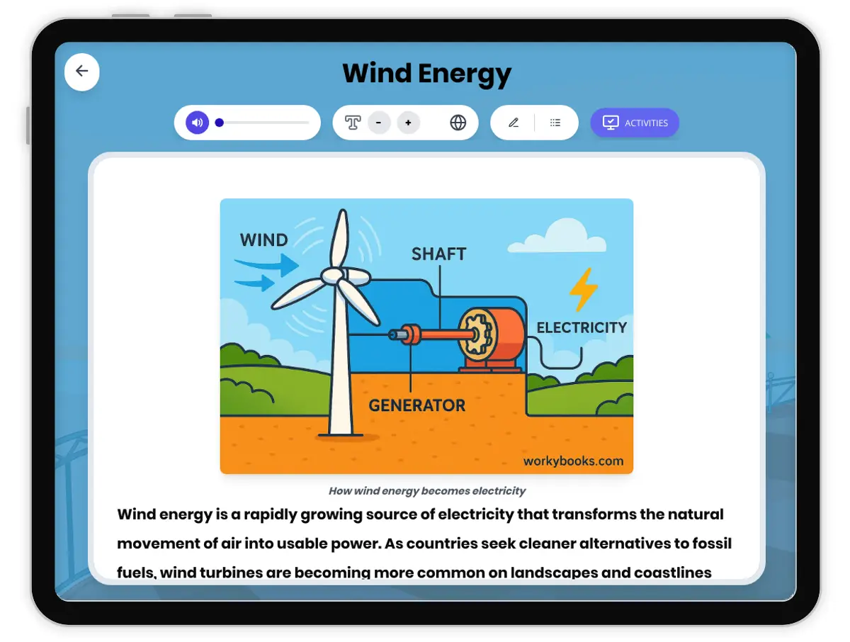Interactive — Reading Comprehension preview: Wind Energy covering MS-PS3-4, MS-ESS3-3, MS-ESS3-4 standards - Page 1 of 1