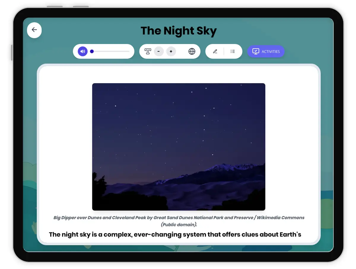 Interactive — Reading Comprehension preview: The Night Sky covering MS-ESS1-1 standards - Page 1 of 1