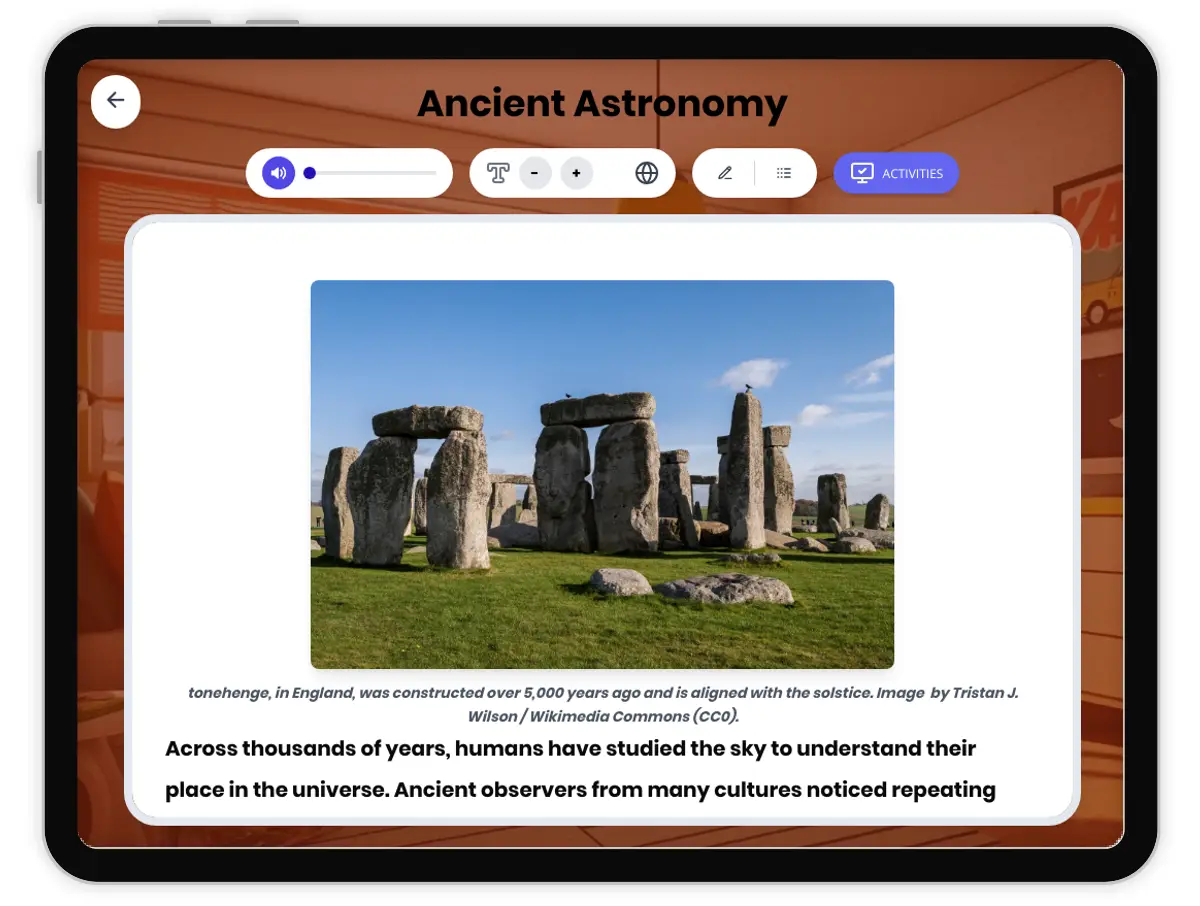 Interactive — Reading Comprehension preview: History of Astronomy: Ancient Observations covering MS-ESS1-1 standards - Page 1 of 1