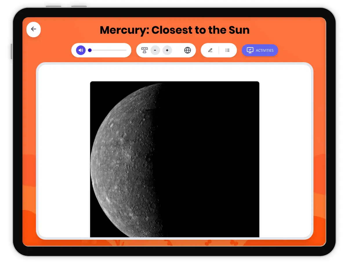 Interactive — Reading Comprehension preview: Mercury: Closest to the Sun covering MS-ESS1-2, MS-ESS1-3 standards - Page 1 of 1
