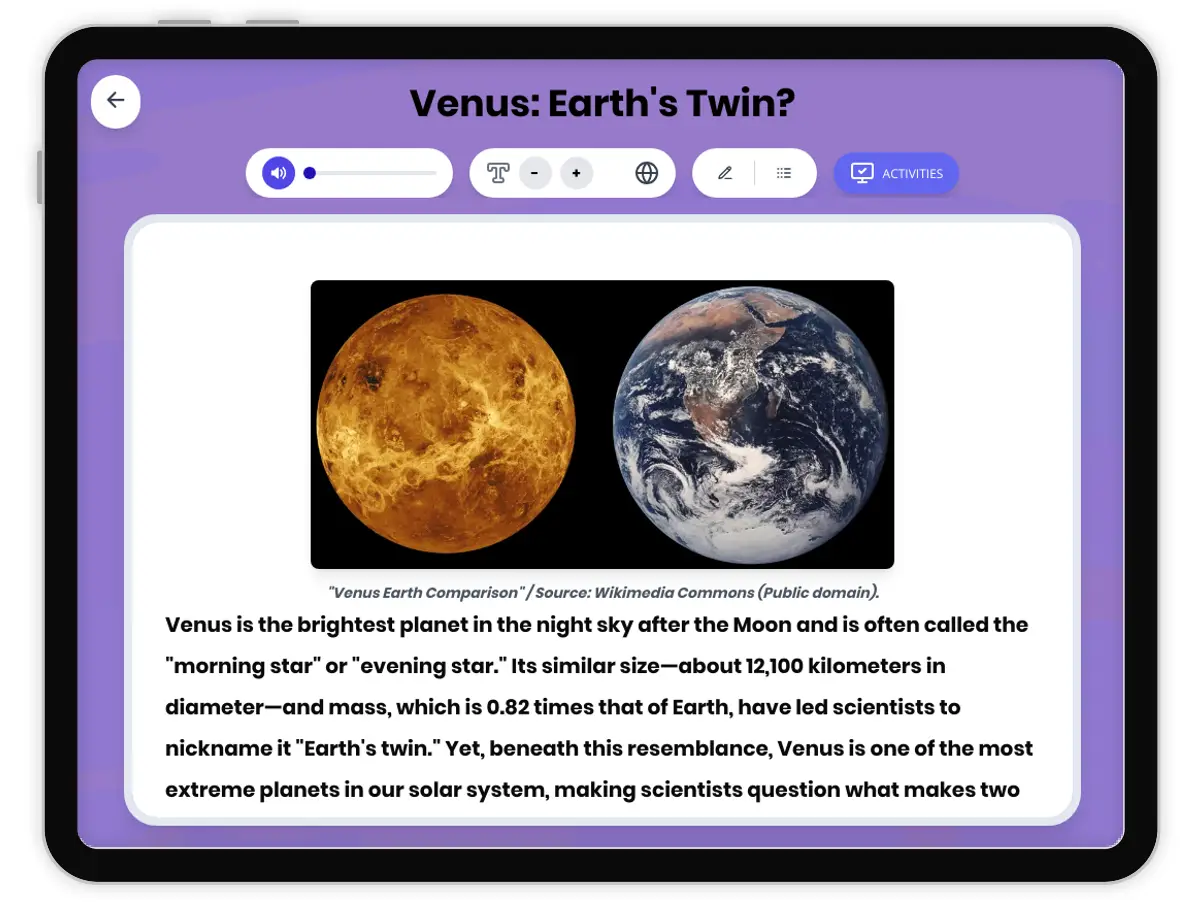 Interactive — Reading Comprehension preview: Venus: Earth's Twin? covering MS-ESS1-2, MS-ESS1-3 standards - Page 1 of 1