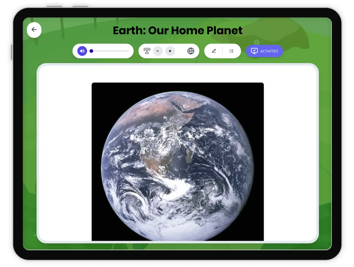 Interactive — Reading Comprehension preview: Earth: Our Home Planet covering MS-ESS1-2 standards - Page 1 of 1