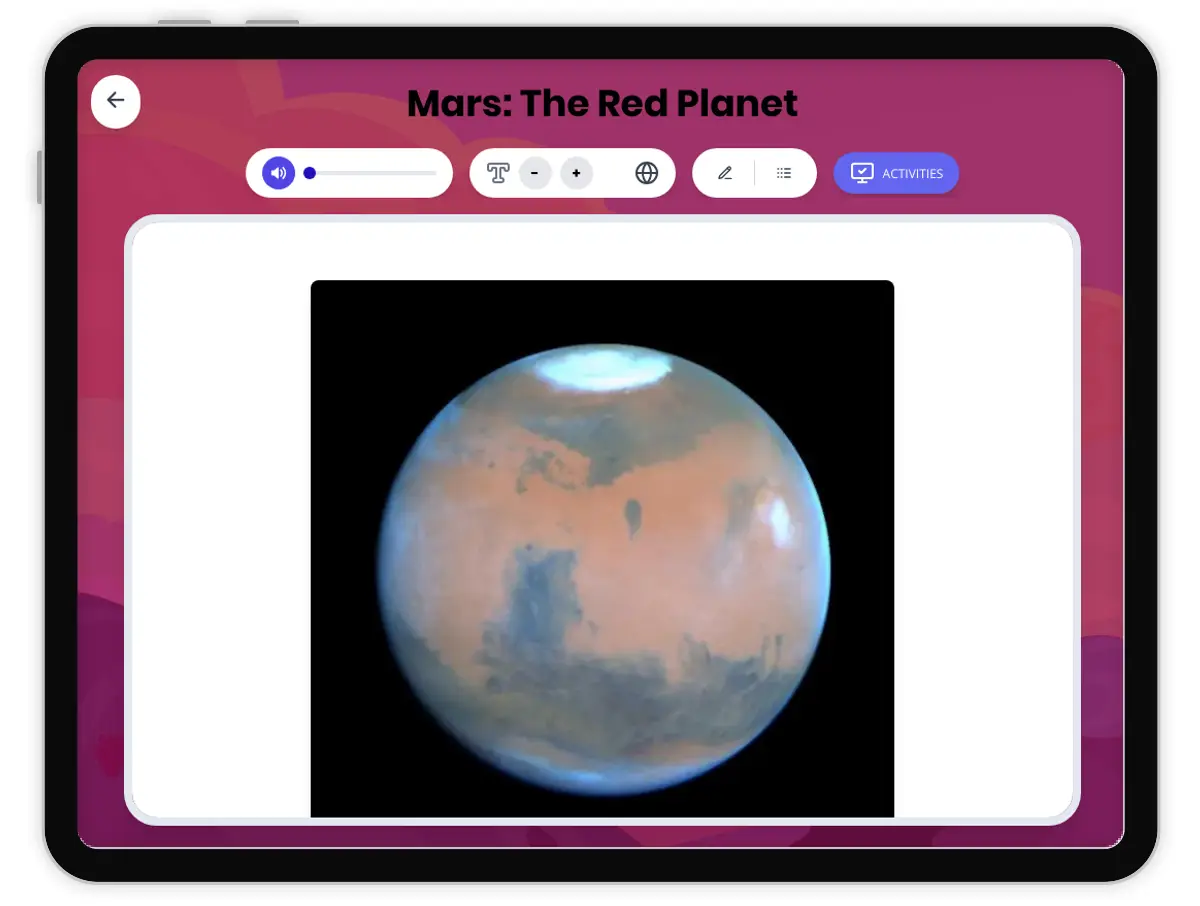 Interactive — Reading Comprehension preview: Mars: The Red Planet covering MS-ESS1-2, MS-ESS1-3 standards - Page 1 of 1
