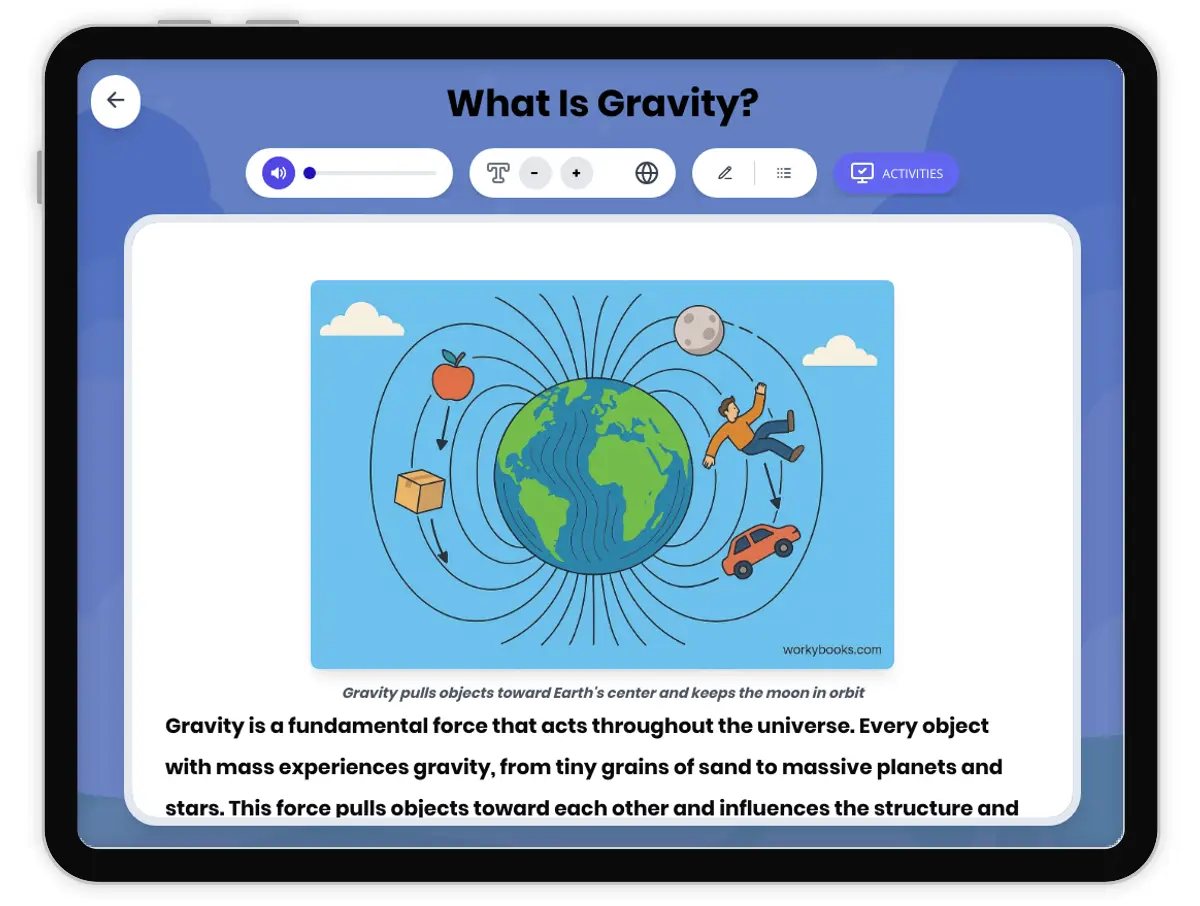 Interactive — Reading Comprehension preview: What Is Gravity? covering MS-ESS1-2, MS-PS2-4 standards - Page 1 of 1