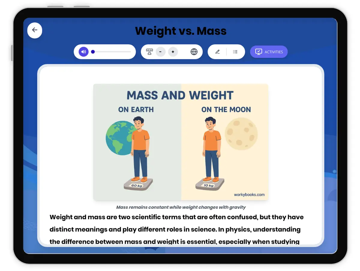 Interactive — Reading Comprehension preview: Weight vs. Mass covering MS-PS2-4 standards - Page 1 of 1