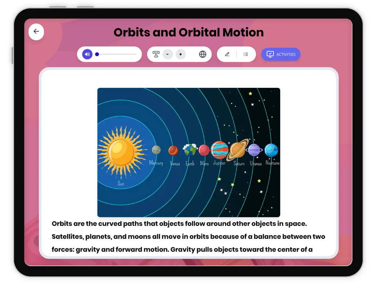 Interactive — Reading Comprehension preview: Orbits and Orbital Motion covering MS-ESS1-2, MS-PS2-4 standards - Page 1 of 1