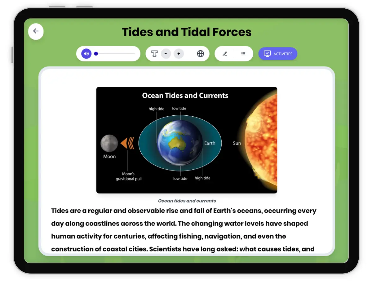 Interactive — Reading Comprehension preview: Tides and Tidal Forces covering MS-ESS1-1, MS-ESS1-2 standards - Page 1 of 1