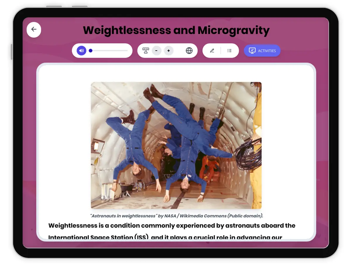 Interactive — Reading Comprehension preview: Weightlessness and Microgravity covering MS-PS2-4, MS-ESS1-2 standards - Page 1 of 1