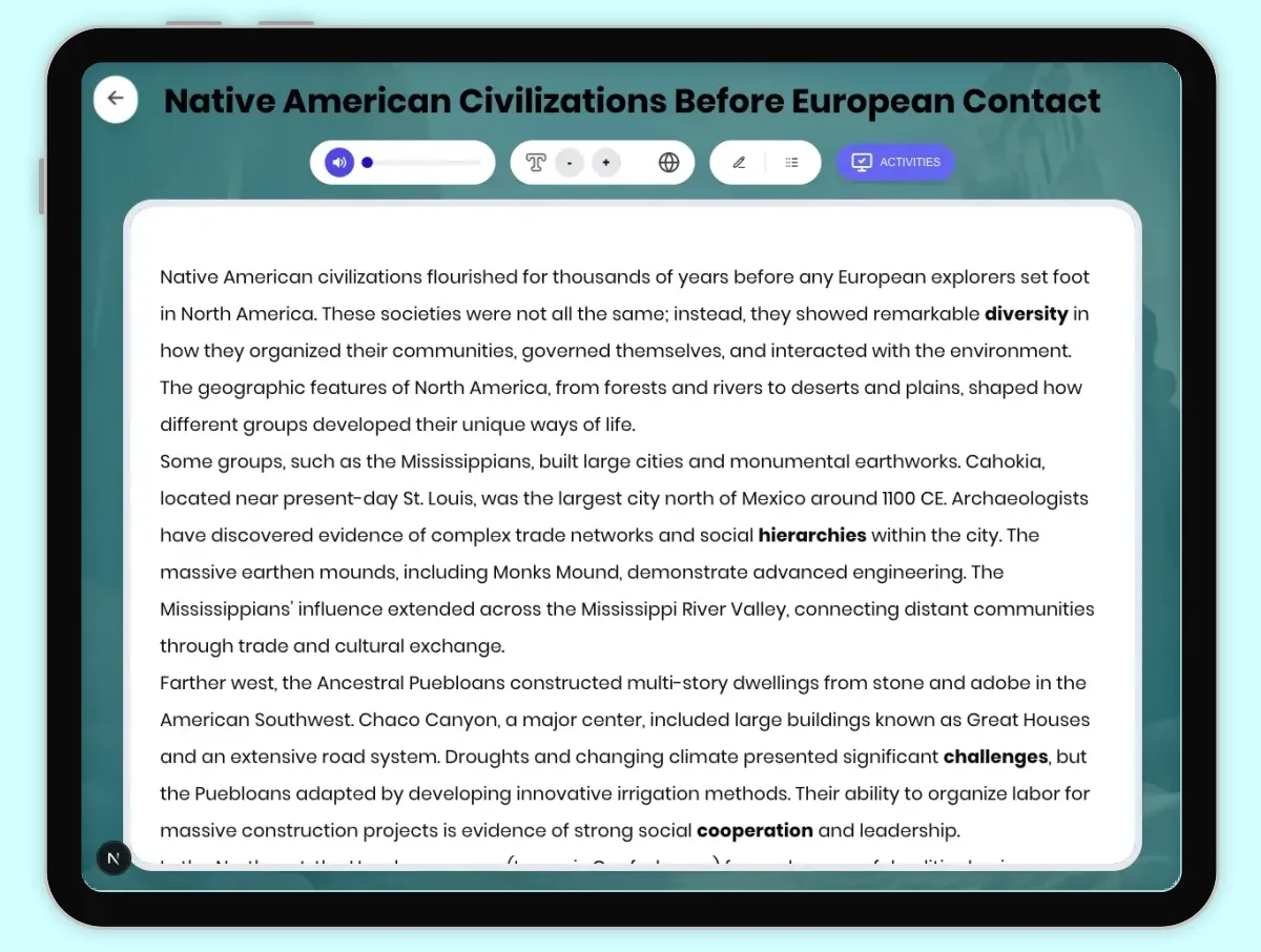 Interactive — Reading Comprehension preview: Native American Civilizations Before European Contact covering D2.HIS.2.3-5, D2.HIS.3.3-5, RI.4.3, RI.4.4, W.4.2 standards - Page 1 of 1