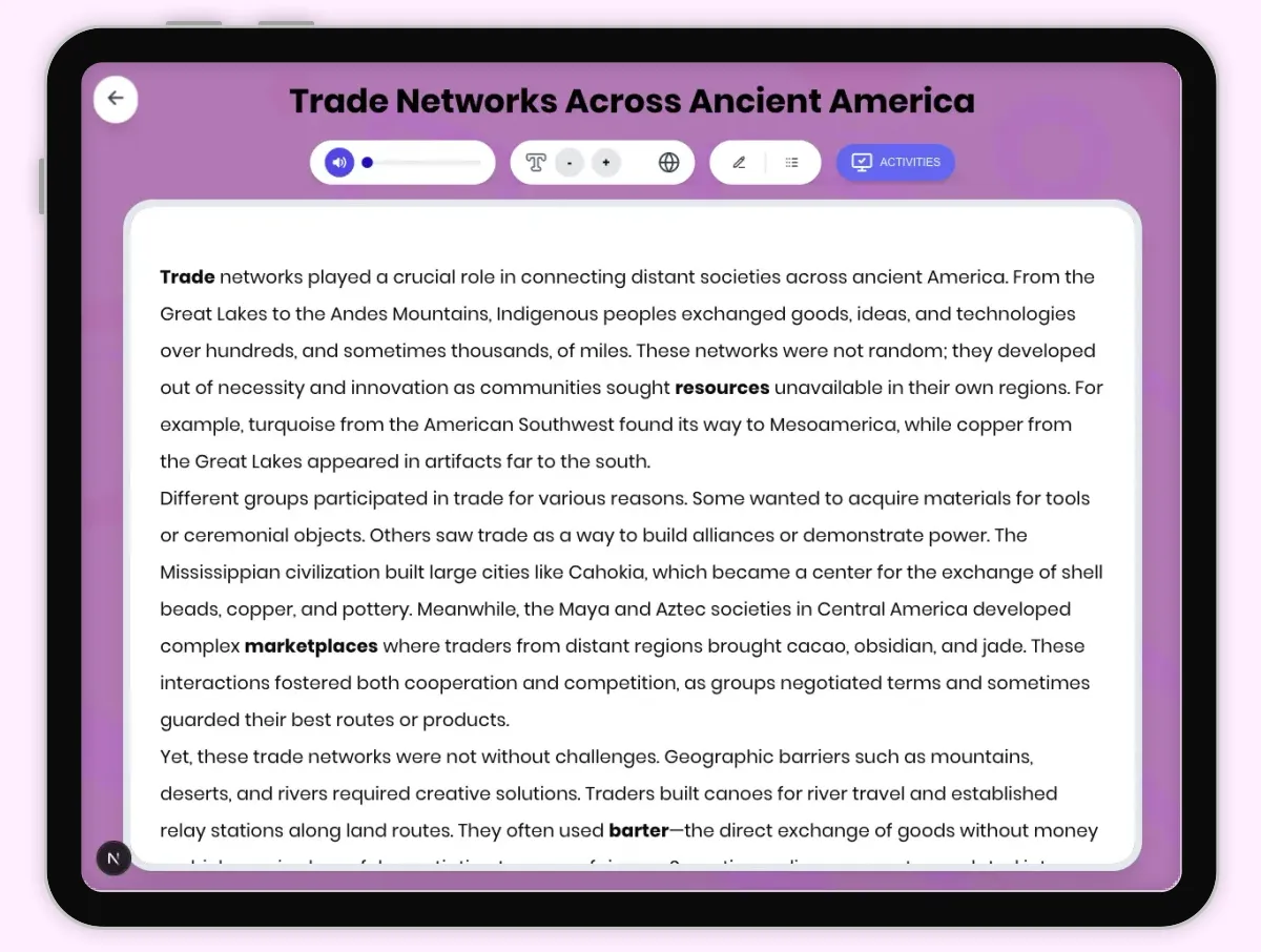 Interactive — Reading Comprehension preview: Trade Networks Across Ancient America covering D2.HIS.2.3-5, D2.HIS.3.3-5, RI.4.3, RI.4.4, W.4.2 standards - Page 1 of 1