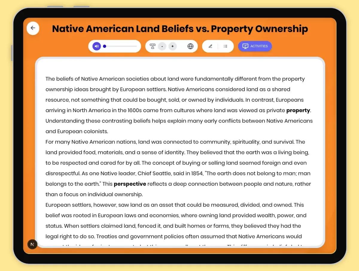 Interactive — Reading Comprehension preview: Native American Land Beliefs vs. Property Ownership covering D2.HIS.2.3-5, D2.HIS.3.3-5, RI.4.3, RI.4.4, W.4.2 standards - Page 1 of 1