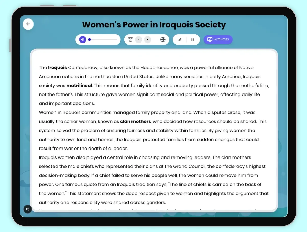 Interactive — Reading Comprehension preview: Women's Power in Iroquois Society covering D2.HIS.2.3-5, D2.HIS.3.3-5, RI.4.3, RI.4.4, W.4.2 standards - Page 1 of 1