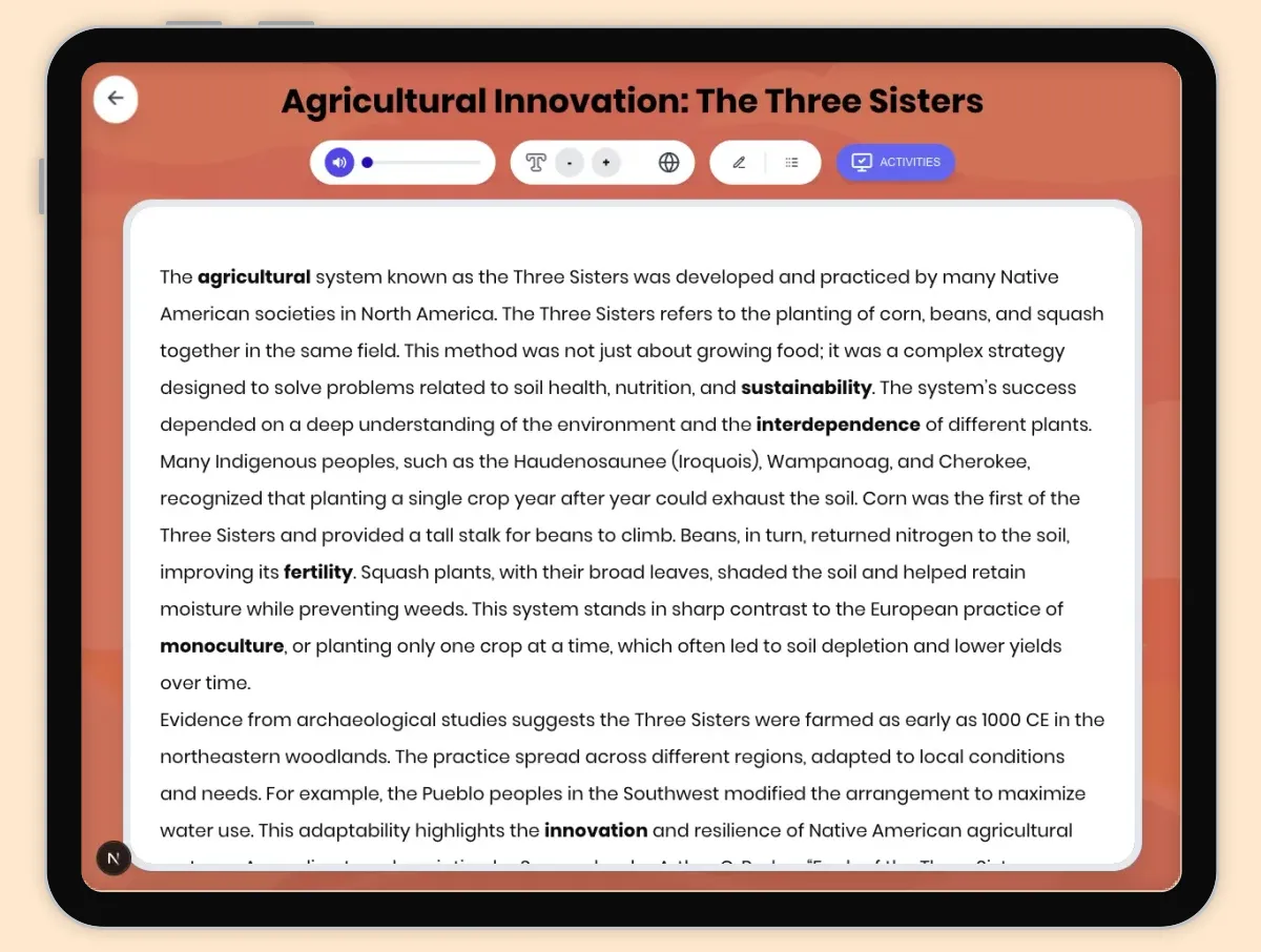 Interactive — Reading Comprehension preview: Agricultural Innovation: The Three Sisters covering D2.HIS.2.3-5, D2.HIS.3.3-5, RI.4.3, RI.4.4, W.4.2 standards - Page 1 of 1
