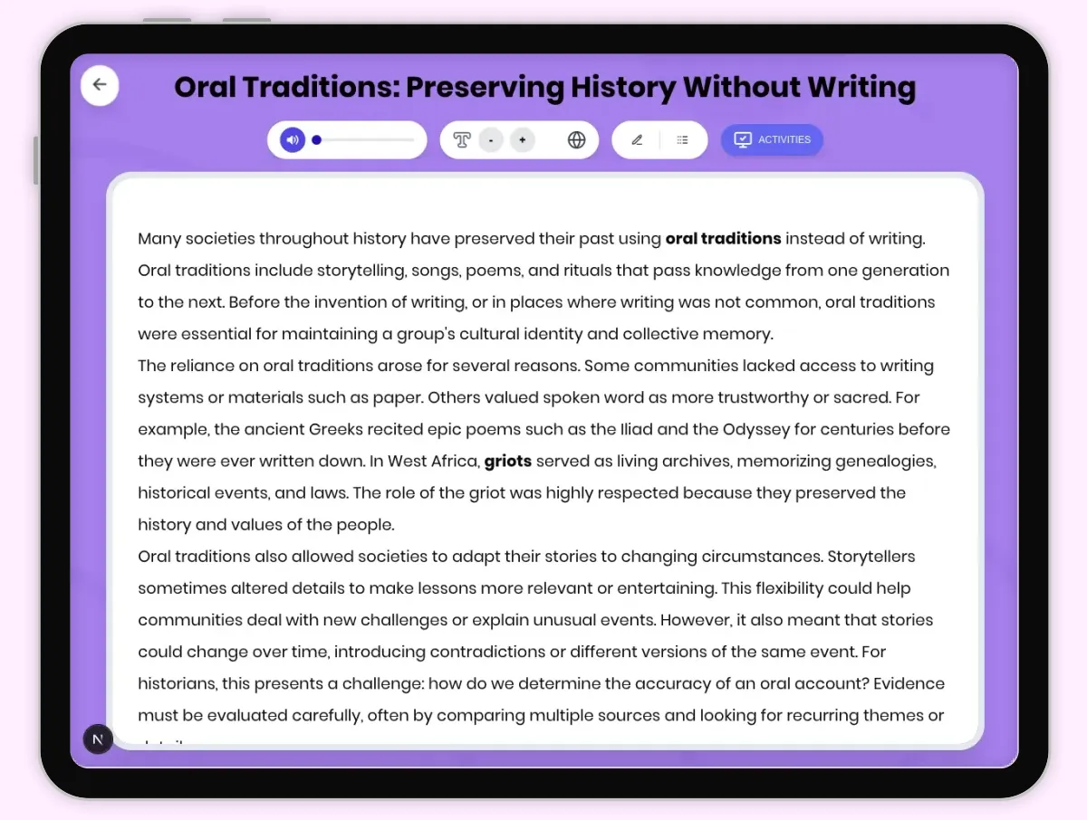 Interactive — Reading Comprehension preview: Oral Traditions: Preserving History Without Writing covering D2.HIS.2.3-5, D2.HIS.3.3-5, RI.4.3, RI.4.4, W.4.2 standards - Page 1 of 1