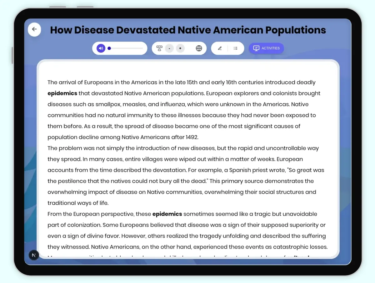 Interactive — Reading Comprehension preview: How Disease Devastated Native American Populations covering D2.HIS.2.3-5, D2.HIS.3.3-5, RI.4.3, RI.4.4, W.4.2 standards - Page 1 of 1