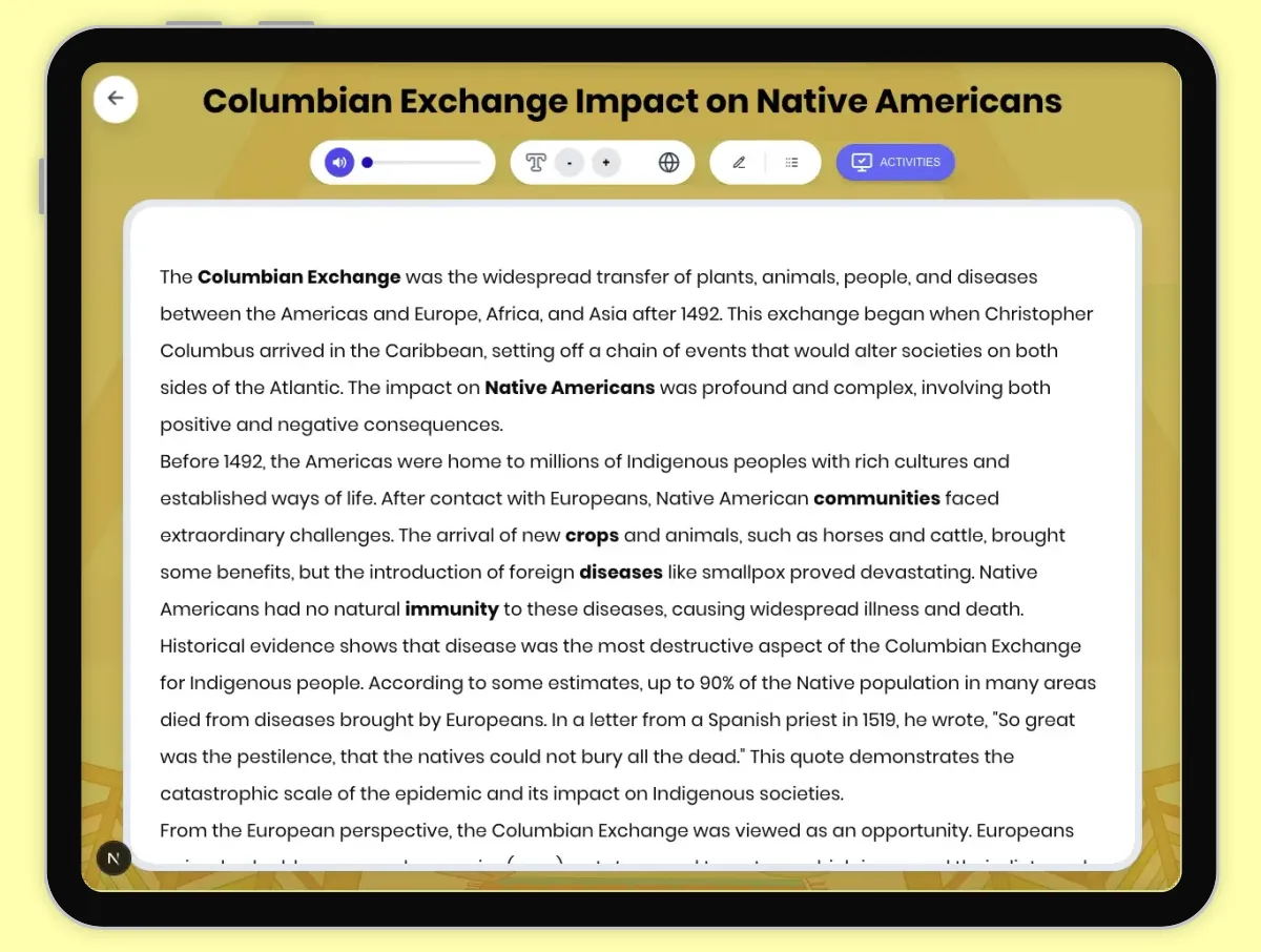Interactive — Reading Comprehension preview: Columbian Exchange Impact on Native Americans covering D2.HIS.2.3-5, D2.HIS.3.3-5, RI.4.3, RI.4.4, W.4.2 standards - Page 1 of 1