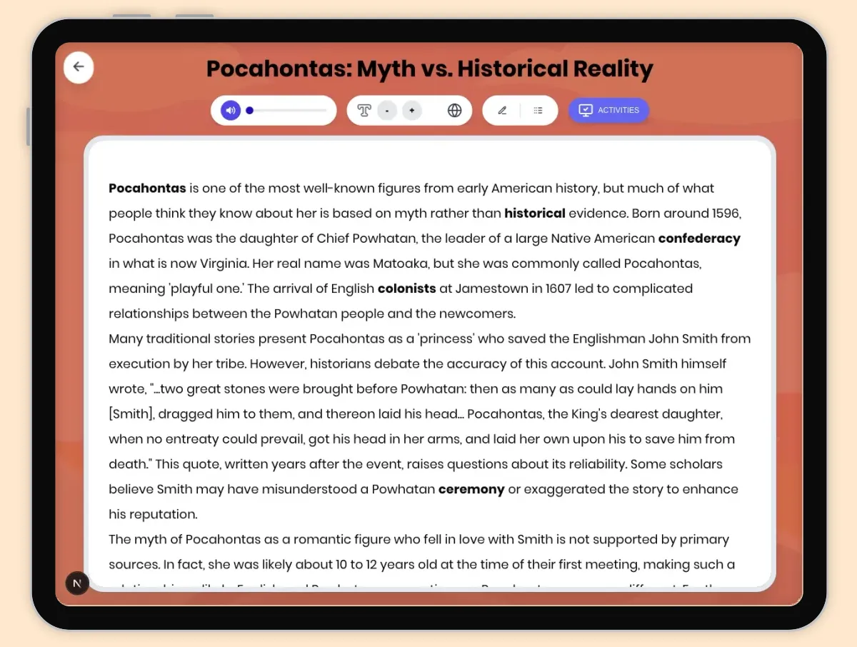 Interactive — Reading Comprehension preview: Pocahontas: Myth vs. Historical Reality covering D2.HIS.2.3-5, D2.HIS.3.3-5, RI.4.3, RI.4.4, W.4.2 standards - Page 1 of 1