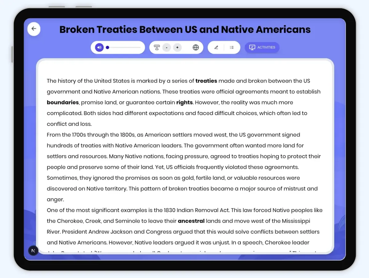 Interactive — Reading Comprehension preview: Broken Treaties Between US and Native Americans covering D2.HIS.2.3-5, D2.HIS.3.3-5, RI.4.3, RI.4.4, W.4.2 standards - Page 1 of 1