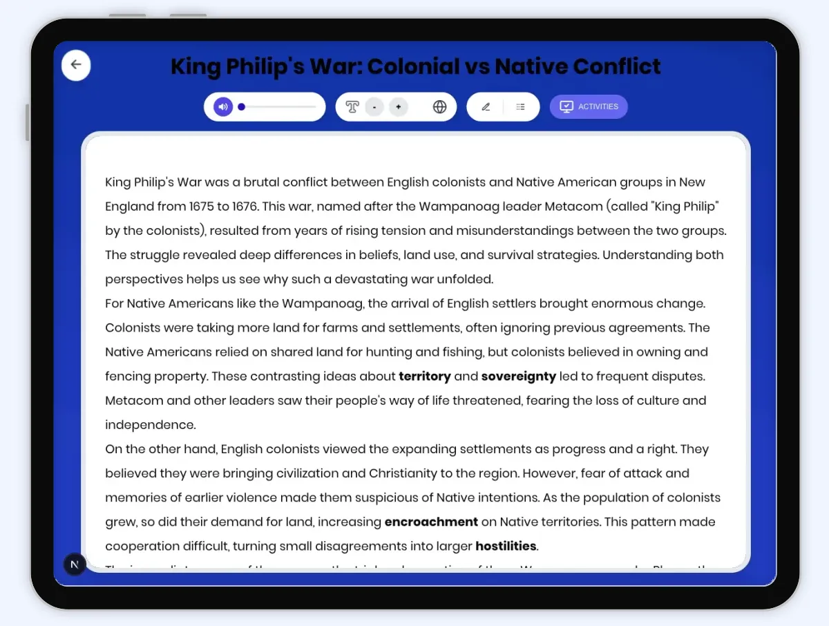 Interactive — Reading Comprehension preview: King Philip's War: Colonial vs Native Conflict covering D2.HIS.2.3-5, D2.HIS.3.3-5, RI.4.3, RI.4.4, W.4.2 standards - Page 1 of 1