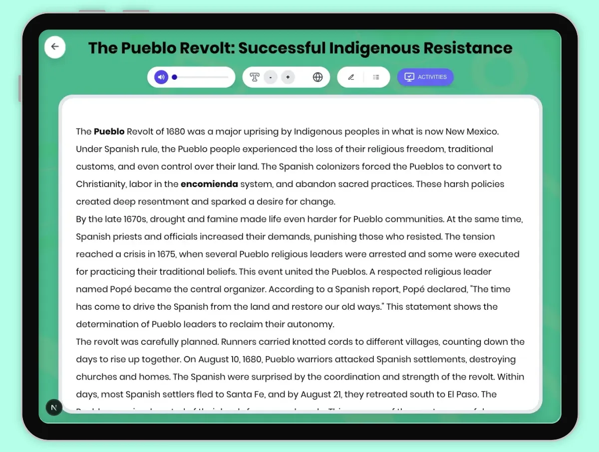 Interactive — Reading Comprehension preview: The Pueblo Revolt: Successful Indigenous Resistance covering D2.HIS.2.3-5, D2.HIS.3.3-5, RI.4.3, RI.4.4, W.4.2 standards - Page 1 of 1