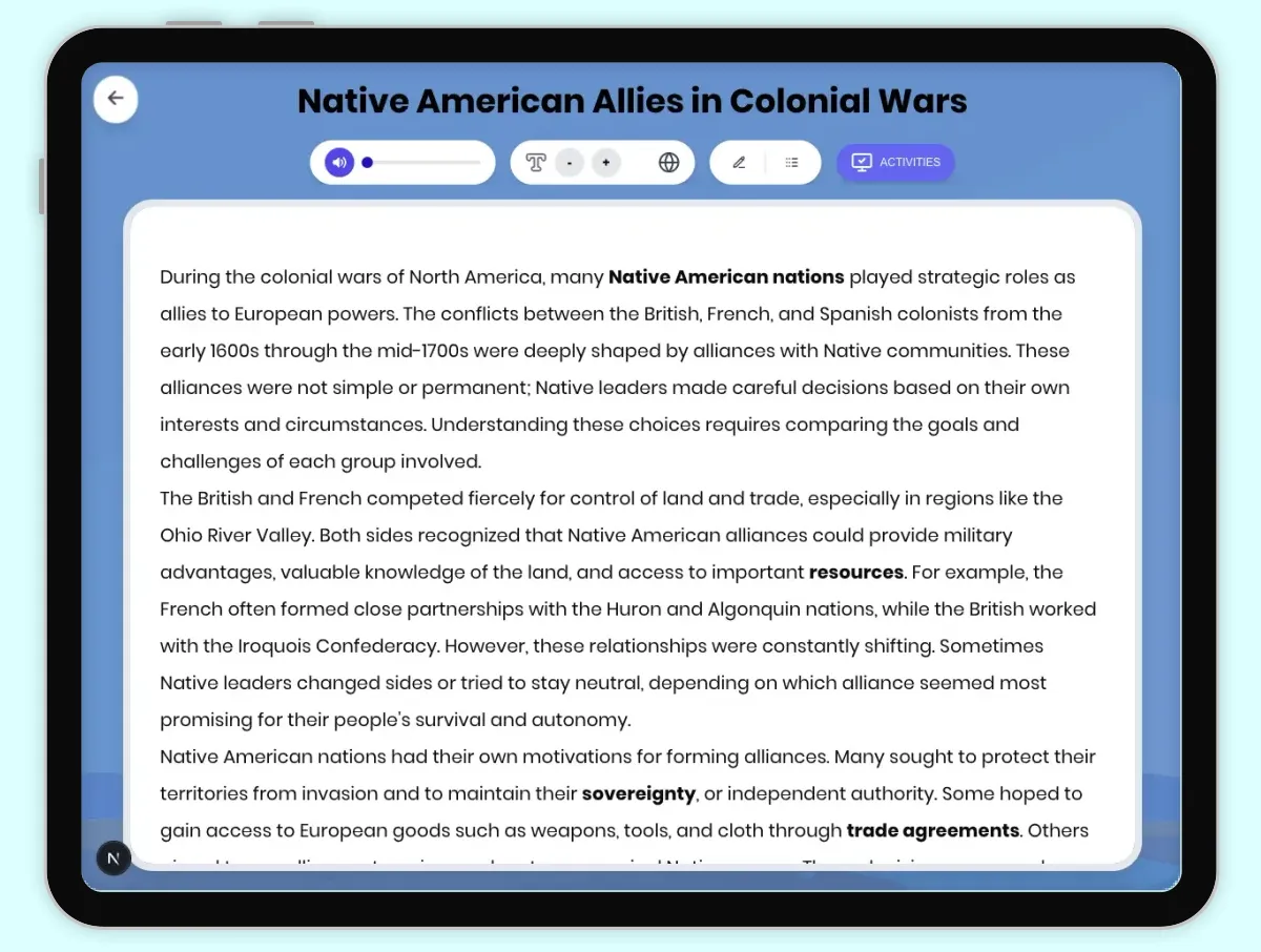 Interactive — Reading Comprehension preview: Native American Allies in Colonial Wars covering D2.HIS.2.3-5, D2.HIS.3.3-5, RI.4.3, RI.4.4, W.4.2 standards - Page 1 of 1