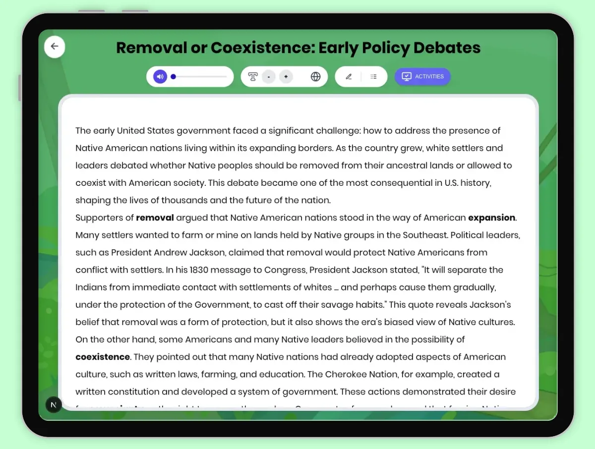 Interactive — Reading Comprehension preview: Removal or Coexistence: Early Policy Debates covering D2.HIS.2.3-5, D2.HIS.3.3-5, RI.4.3, RI.4.4, W.4.2 standards - Page 1 of 1