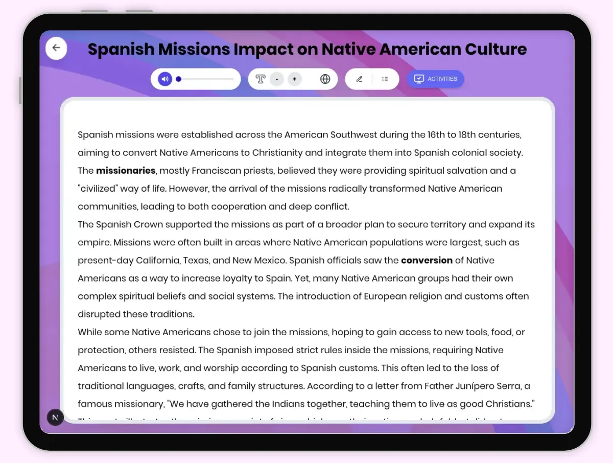 Interactive — Reading Comprehension preview: Spanish Missions Impact on Native American Culture covering D2.HIS.2.3-5, D2.HIS.3.3-5, RI.4.3, RI.4.4, W.4.2 standards - Page 1 of 1