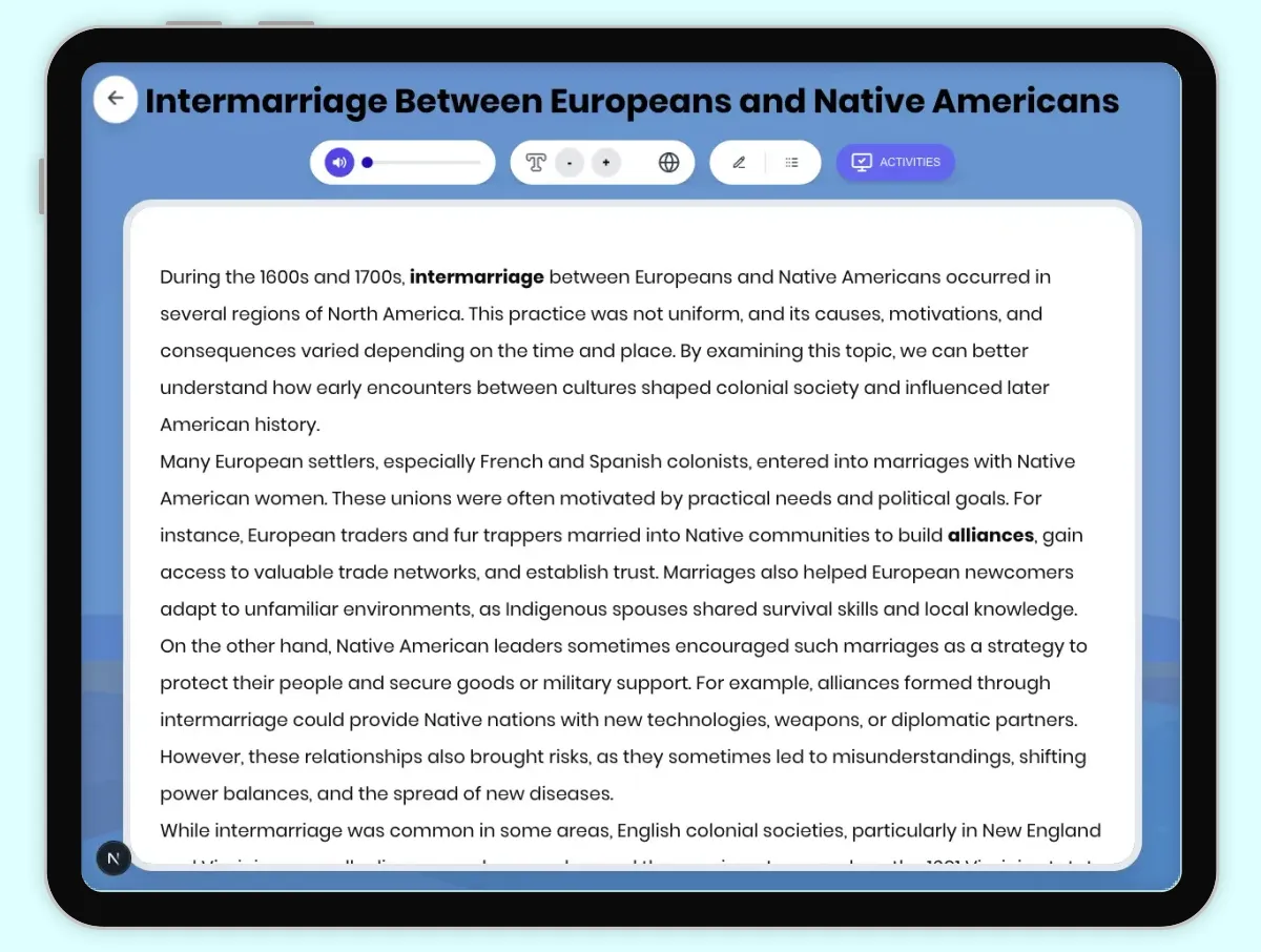 Interactive — Reading Comprehension preview: Intermarriage Between Europeans and Native Americans covering D2.HIS.2.3-5, D2.HIS.3.3-5, RI.4.3, RI.4.4, W.4.2 standards - Page 1 of 1