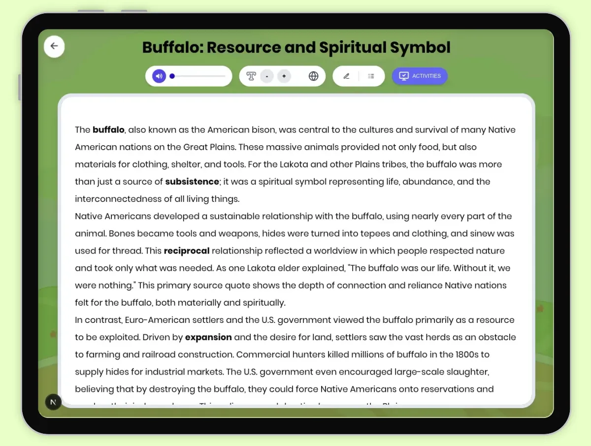 Interactive — Reading Comprehension preview: Buffalo: Resource and Spiritual Symbol covering D2.HIS.2.3-5, D2.HIS.3.3-5, RI.4.3, RI.4.4, W.4.2 standards - Page 1 of 1