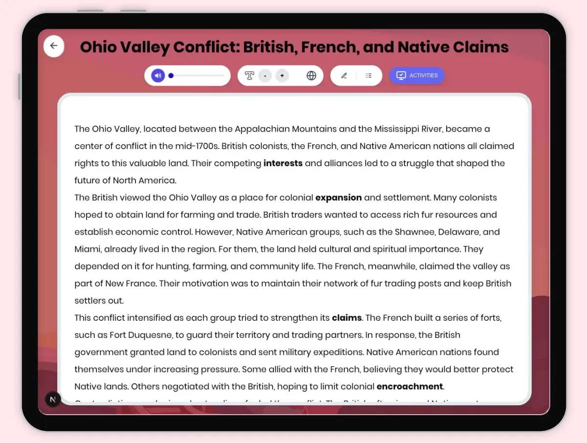 Interactive — Reading Comprehension preview: Ohio Valley Conflict: British French Native Claims covering D2.HIS.2.3-5, D2.HIS.3.3-5, RI.4.3, RI.4.4, W.4.2 standards - Page 1 of 1