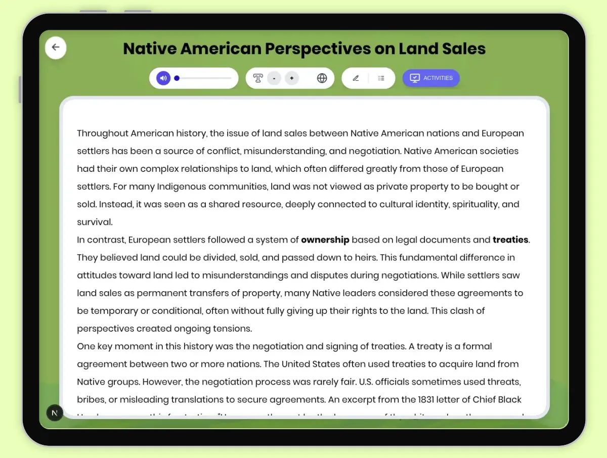 Interactive — Reading Comprehension preview: Native American Perspectives on Land Sales covering D2.HIS.2.3-5, D2.HIS.3.3-5, RI.4.3, RI.4.4, W.4.2 standards - Page 1 of 1