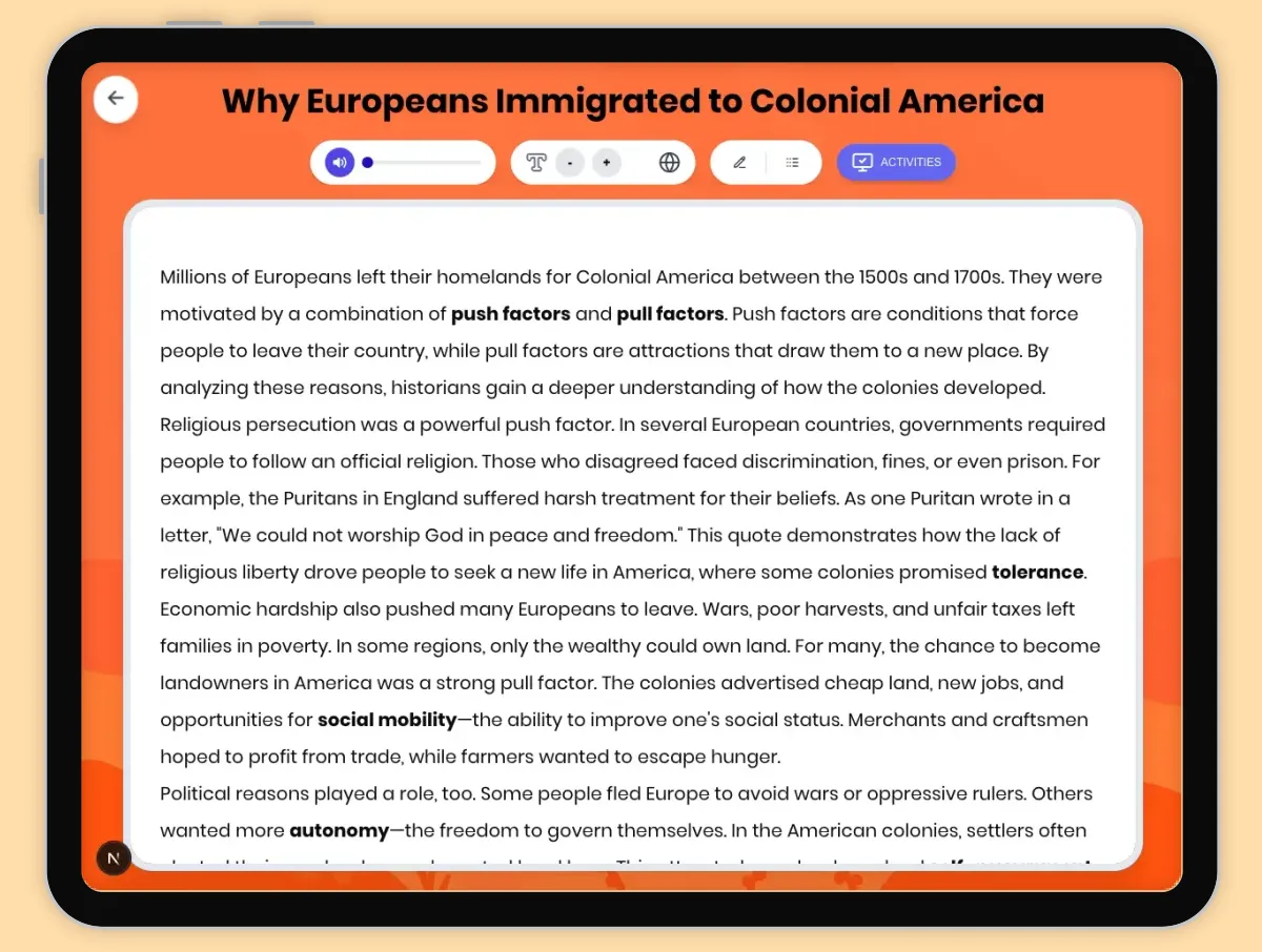 Interactive — Reading Comprehension preview: Why Europeans Immigrated to Colonial America covering D2.HIS.2.3-5, D2.HIS.3.3-5, RI.4.3, RI.4.4, W.4.2 standards - Page 1 of 1