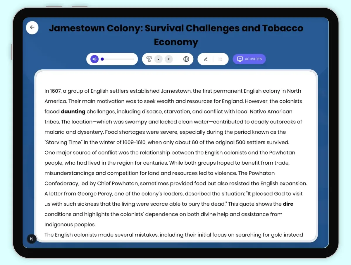 Interactive — Reading Comprehension preview: Jamestown Colony: Survival Challenges and Tobacco Economy covering D2.HIS.2.3-5, D2.HIS.3.3-5, RI.4.3, RI.4.4, W.4.2 standards - Page 1 of 1